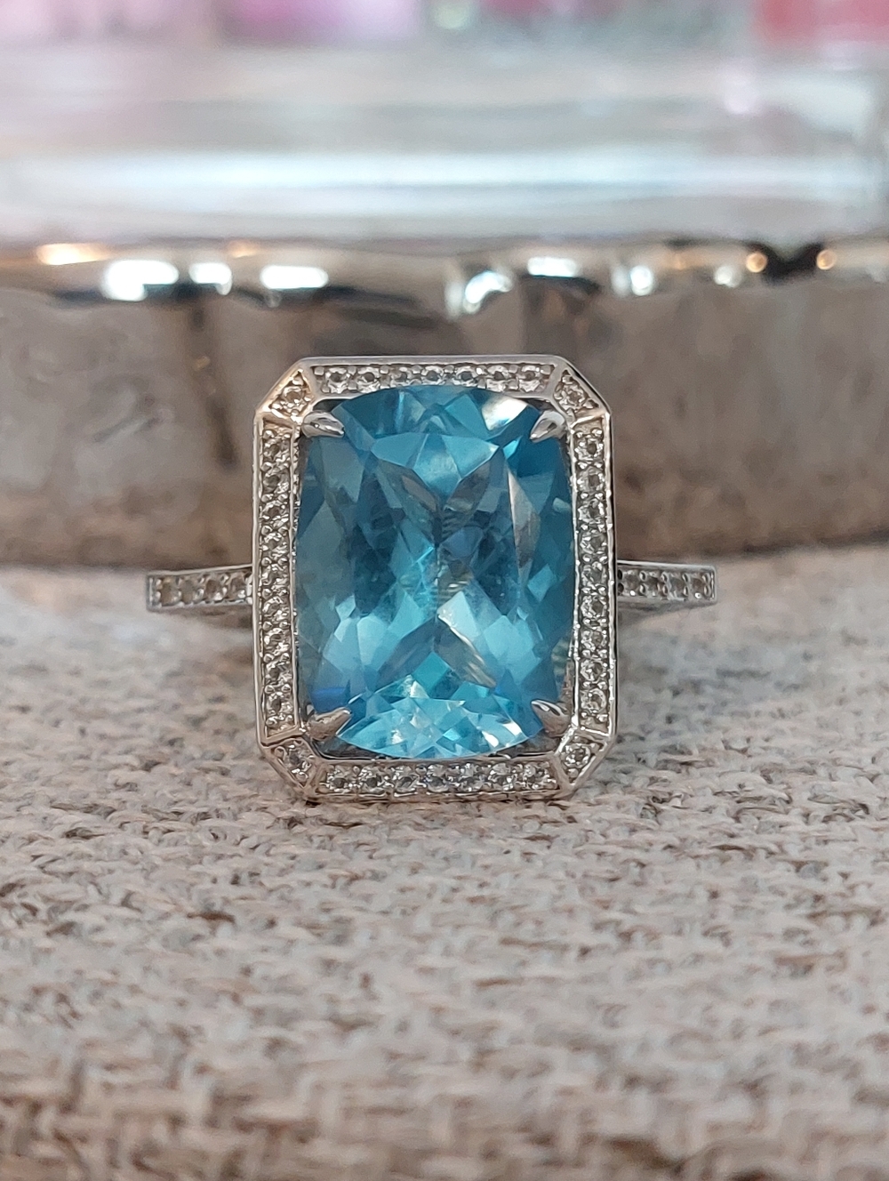 Genuine Blue Topaz Halo Ring Sterling Silver SZ 9 NEW